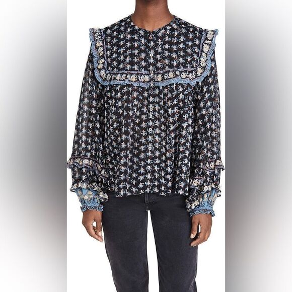 Free People Peasant Sleeve Ruffle Blouse Button Down XS - Picture 4 of 12